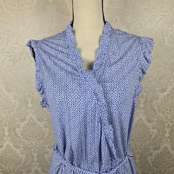 Boden Size 16/18L Blue White Patterned Wrap Dress Ruffle Trim Vneck Belt - Picture 2 of 13